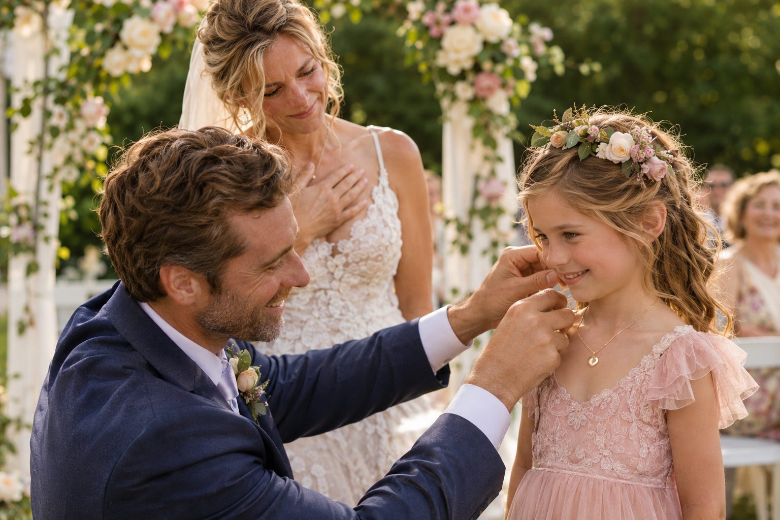 A groom kneeling to fasten a small heart necklace on his new stepdaughter during the wedding ceremony