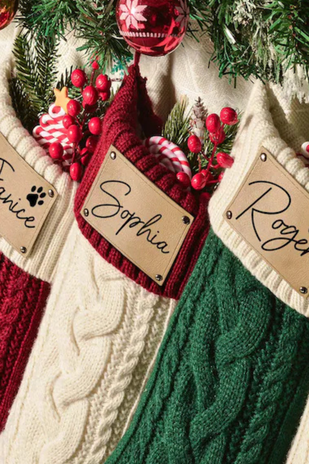 custom christmas stockings with leather name plates