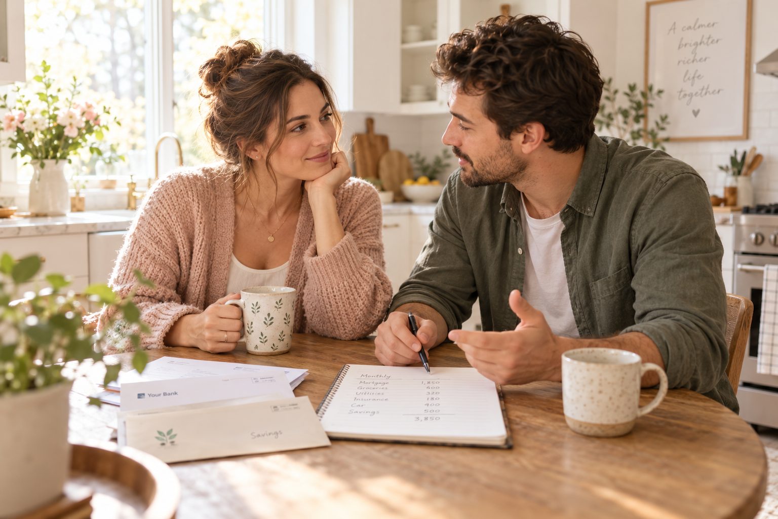 A young couple at a sunny kitchen table with coffee mugs, bank envelopes and a notebook of monthly figures, talking through their budget together