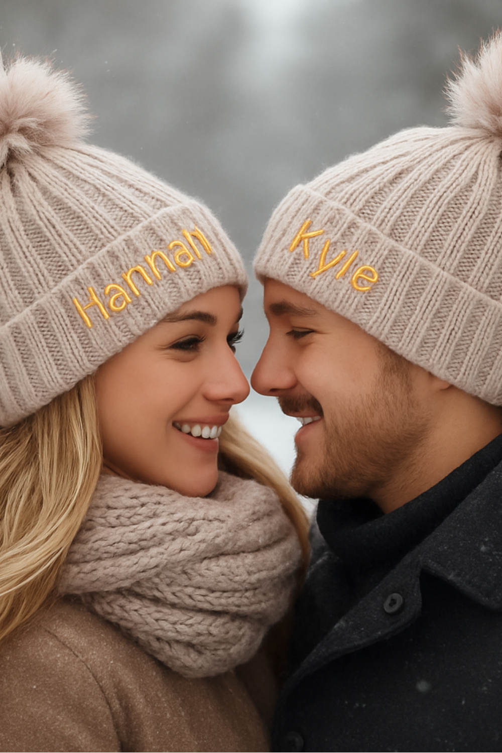 couple proposing in matching winter hats