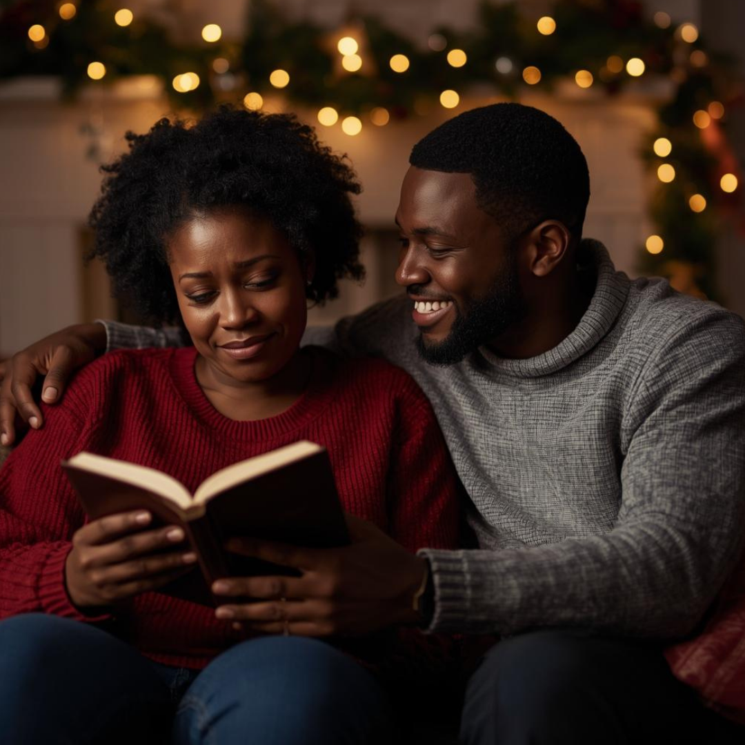 couple reading book cozy together