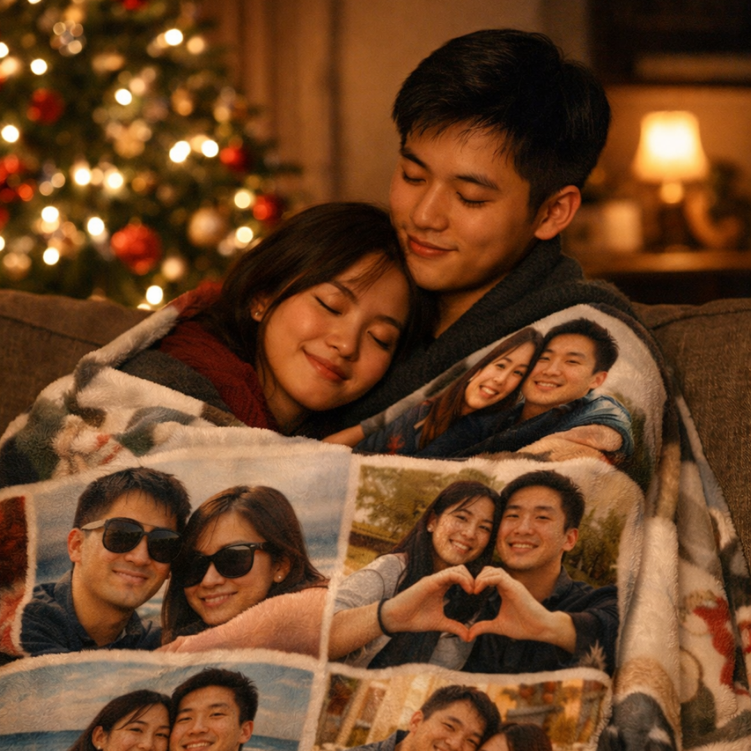 cozy couple in custom photo blanket