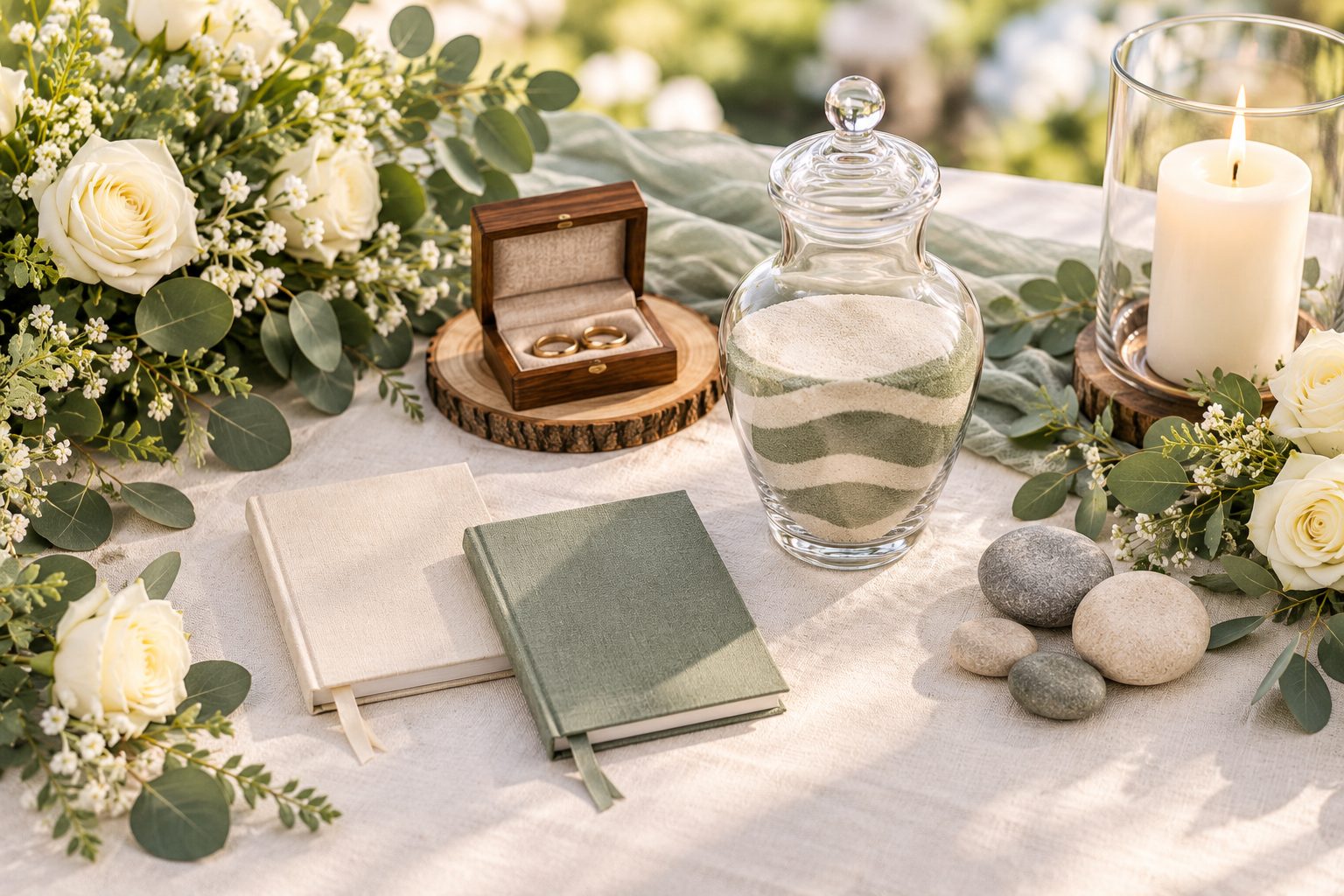 Wedding ceremony keepsakes: a ring box, vow books, a sand vase, a candle and stones