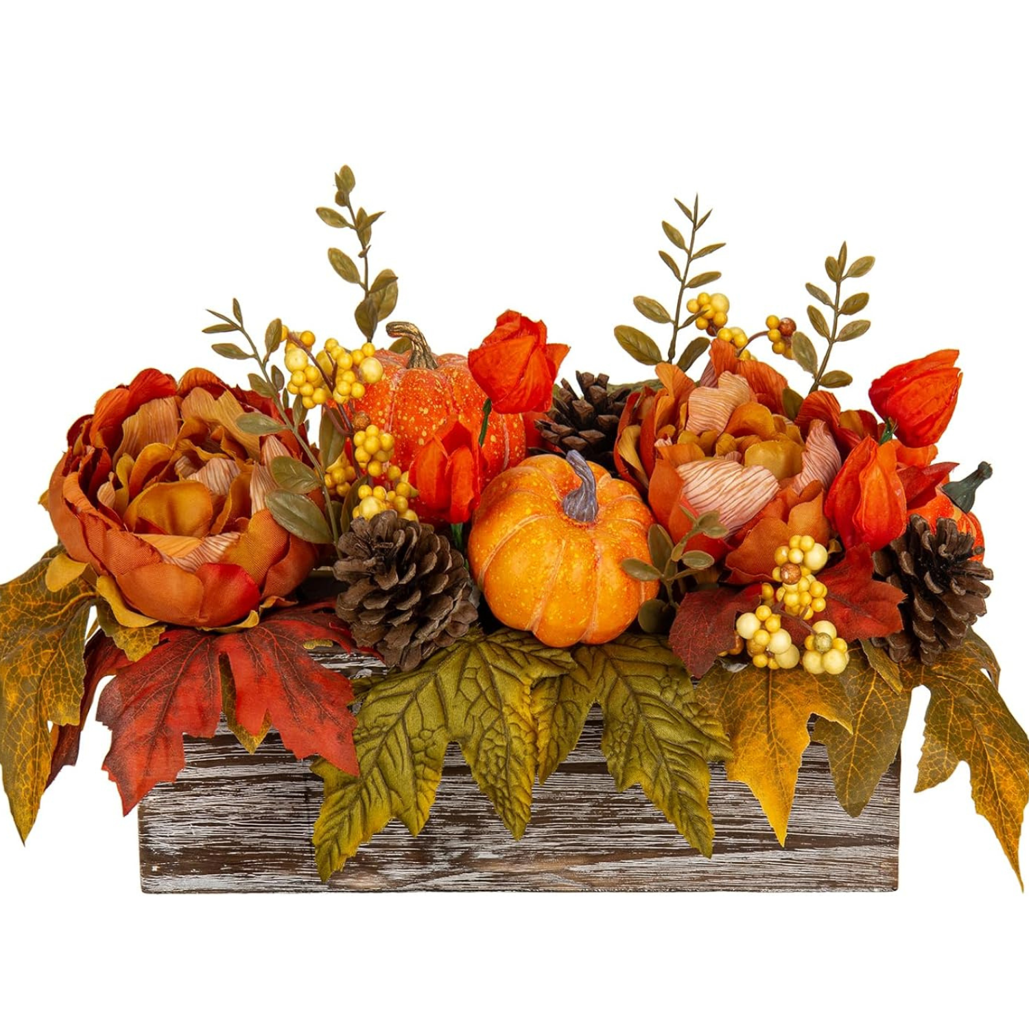 fall centerpiece in wooden box