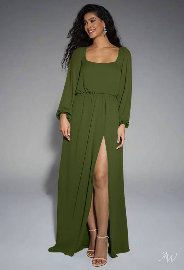 An olive green chiffon gown with long sleeves, a square neckline and a side slit