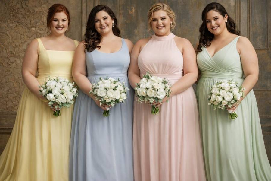 Four bridesmaids in pastel yellow, blue, pink and green gowns holding white rose bouquets, delicate florals, and pastel hues that feel light, romantic, and effortless. They are perfect for garden ceremonies and outdoor venues. These tones photograph beautifully while offering timeless elegance.