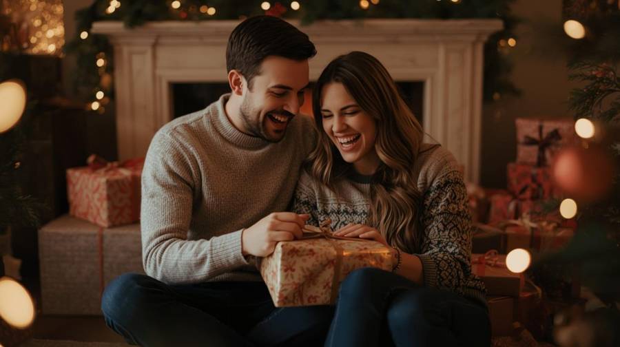 A couple sharing a gift in front of a lit Christmas tree