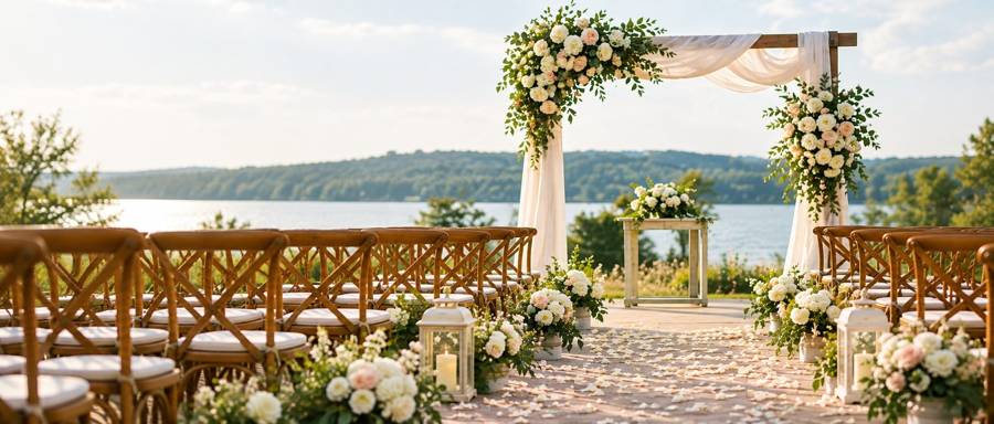 An outdoor wedding ceremony beside a lake, with a floral arch and rows of wooden chairs