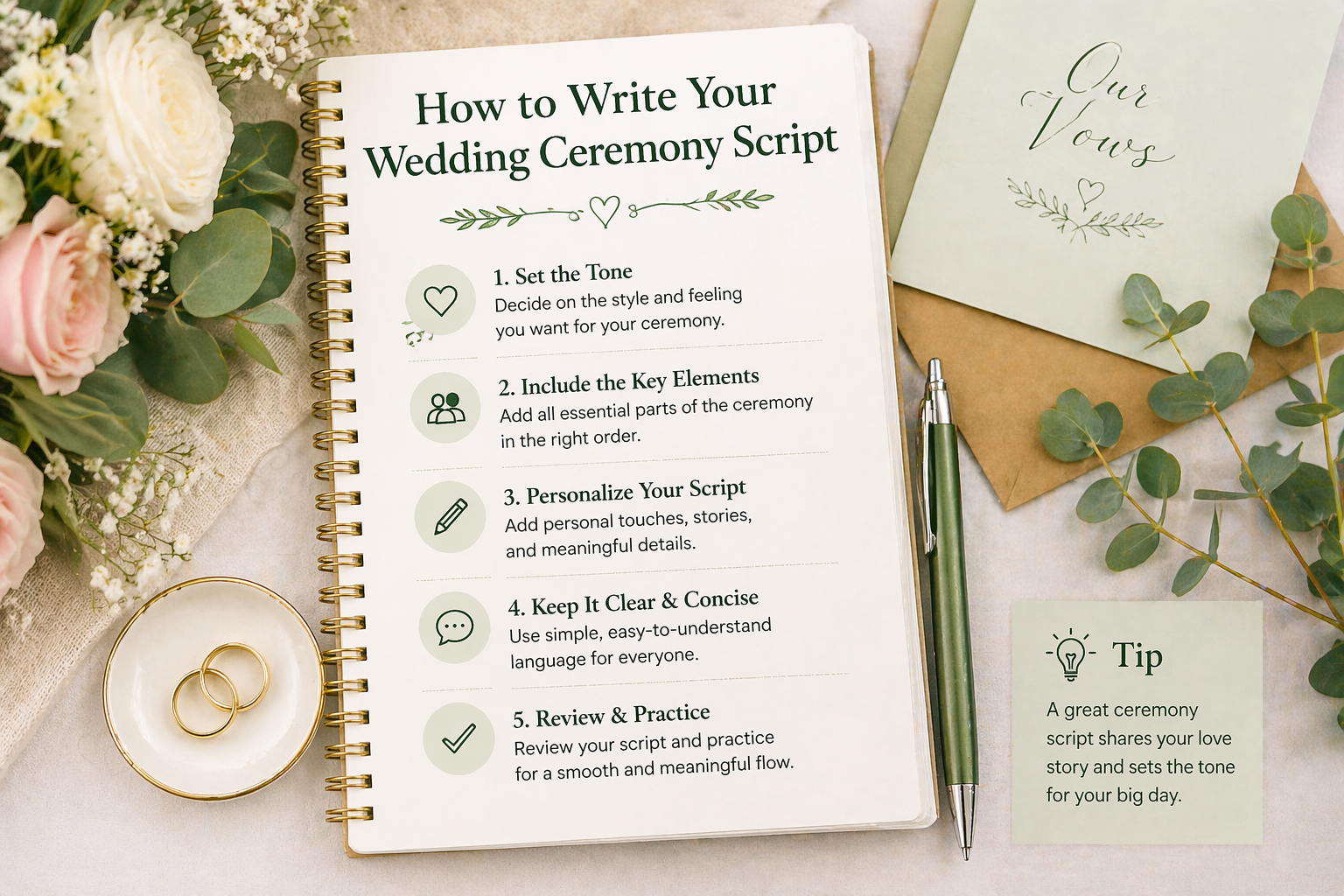 Flat lay checklist showing how to write a wedding ceremony script with steps for tone, structure, and personalization