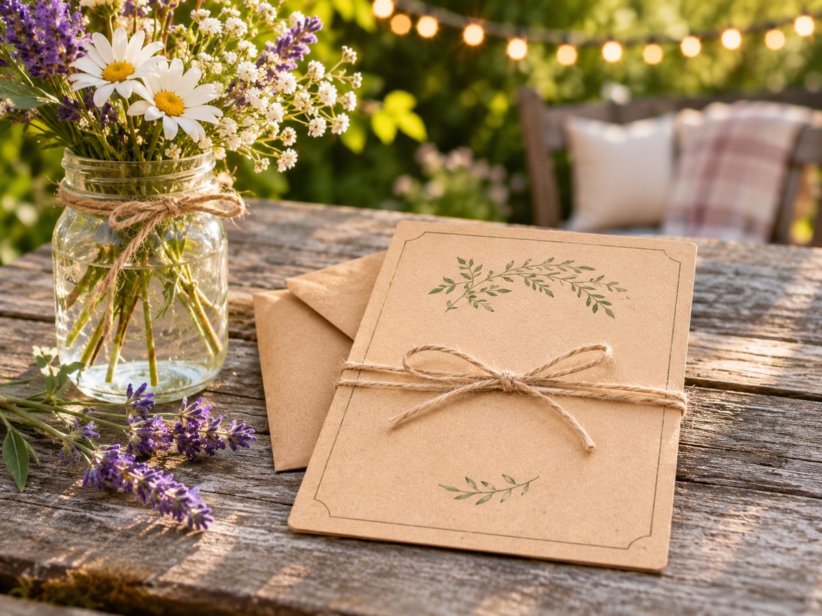 A kraft-paper wedding invitation tied with twine on a weathered picnic table, beside a mason jar of daisies and lavender, with string lights glowing in a backyard garden