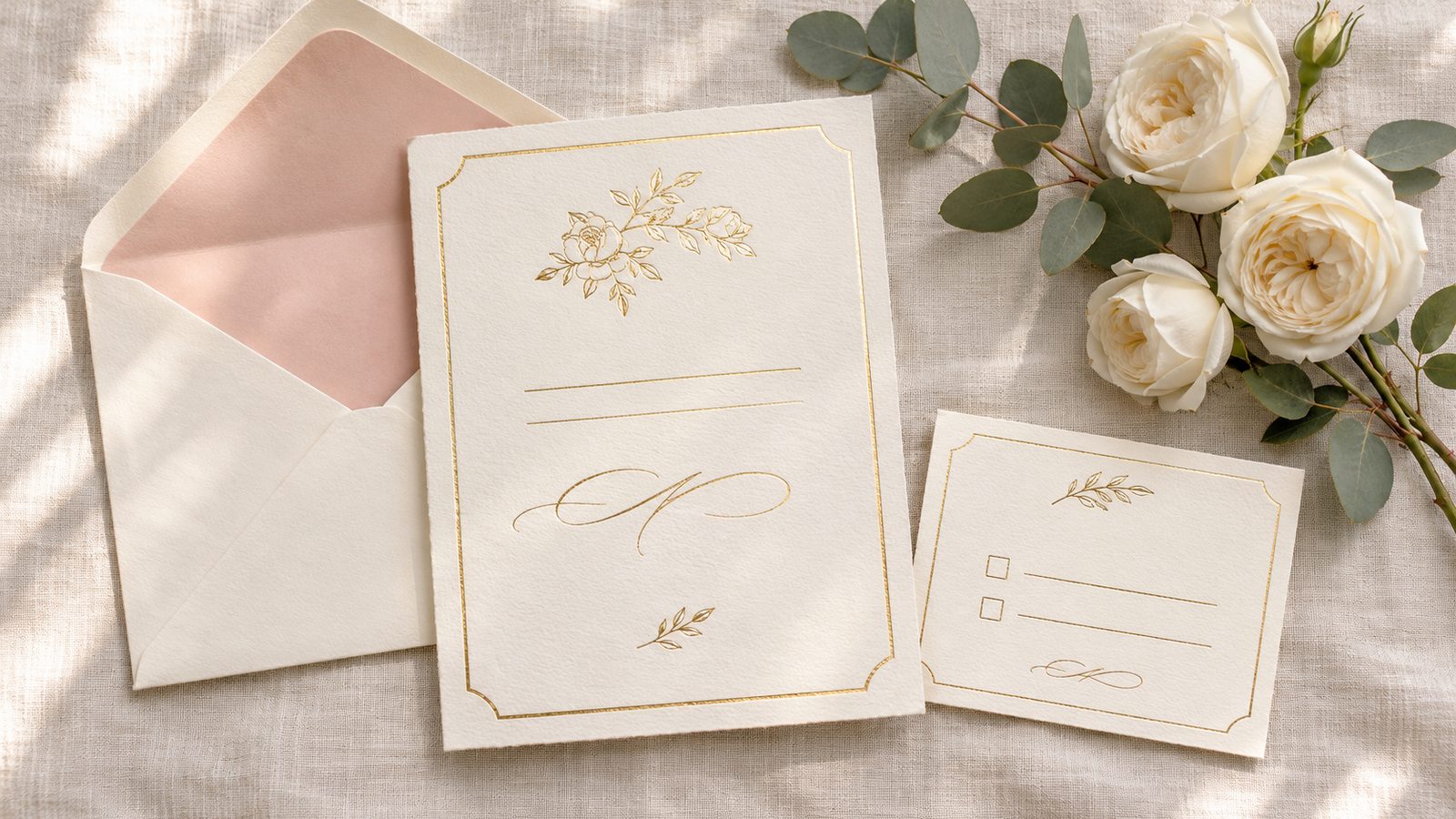 A wedding invitation suite with a gold foil border and floral design on cream card stock, a blush-lined envelope and matching RSVP card, beside eucalyptus and white garden roses
