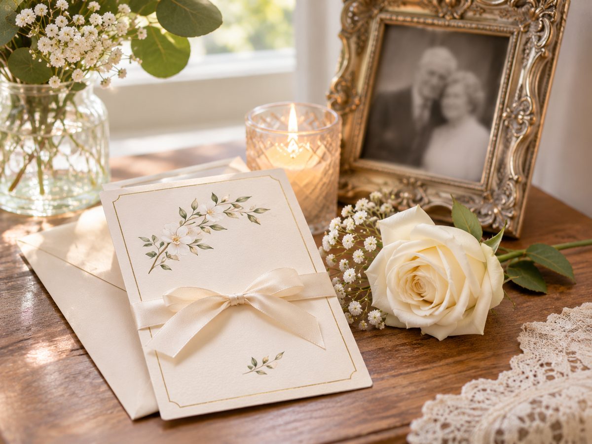 A cream wedding invitation tied with a satin ribbon beside a white rose, a lit candle and a framed black-and-white photograph of an older couple