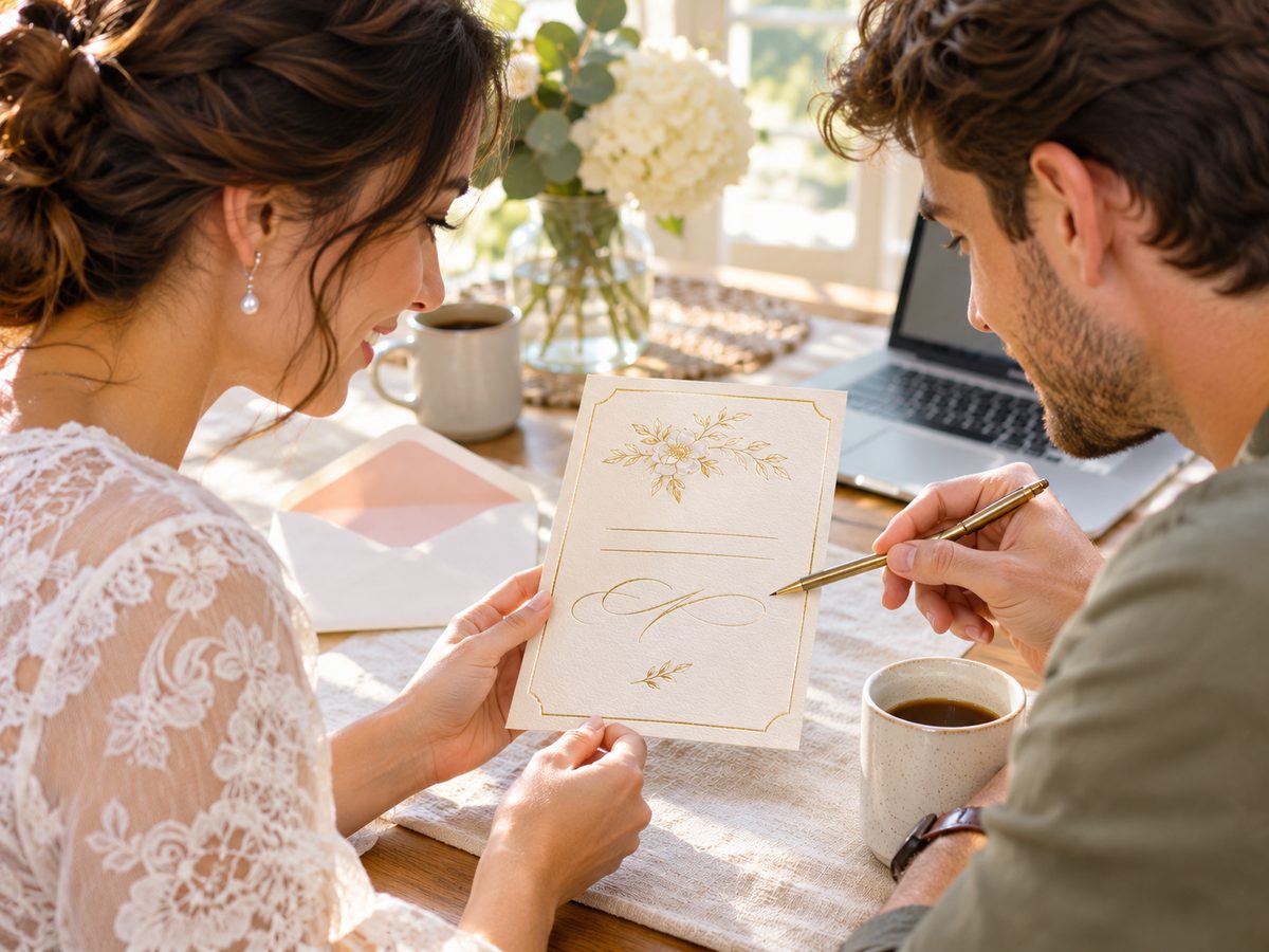 A couple at a sunny table looking over a printed sample of their gold foil wedding invitation, with a pen, coffee and a laptop nearby