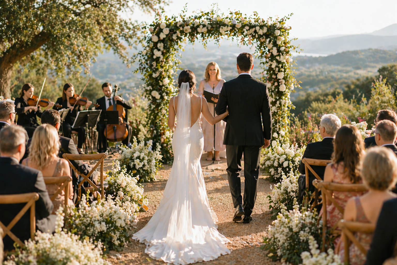 Couple walking down the aisle during an outdoor wedding processional toward the officiant with a string quartet playing