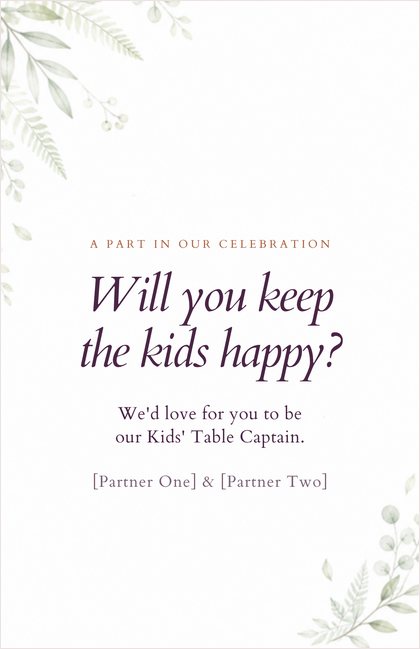 Kids' Table Captain card: Will you keep the kids happy?