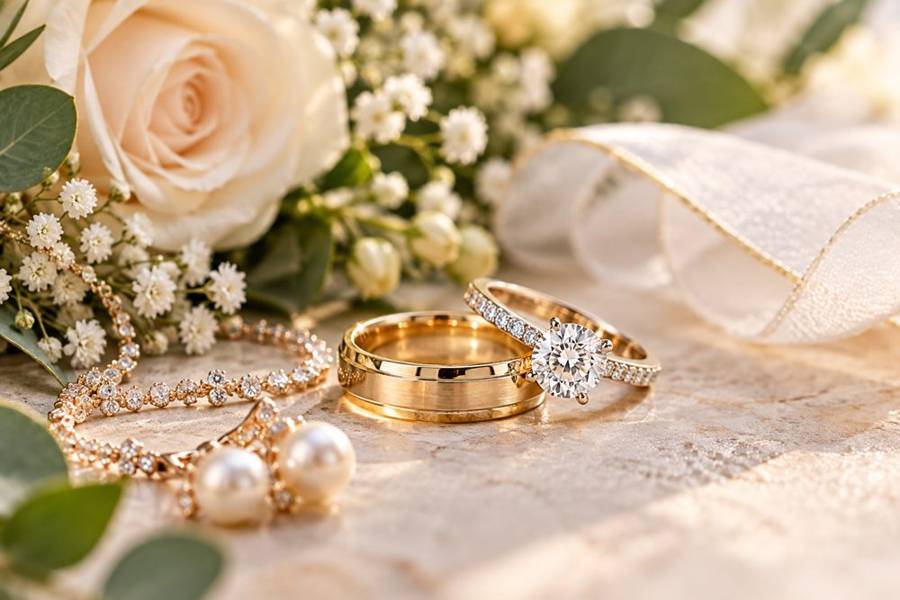 Gold wedding bands and an engagement ring resting among roses and baby's breath