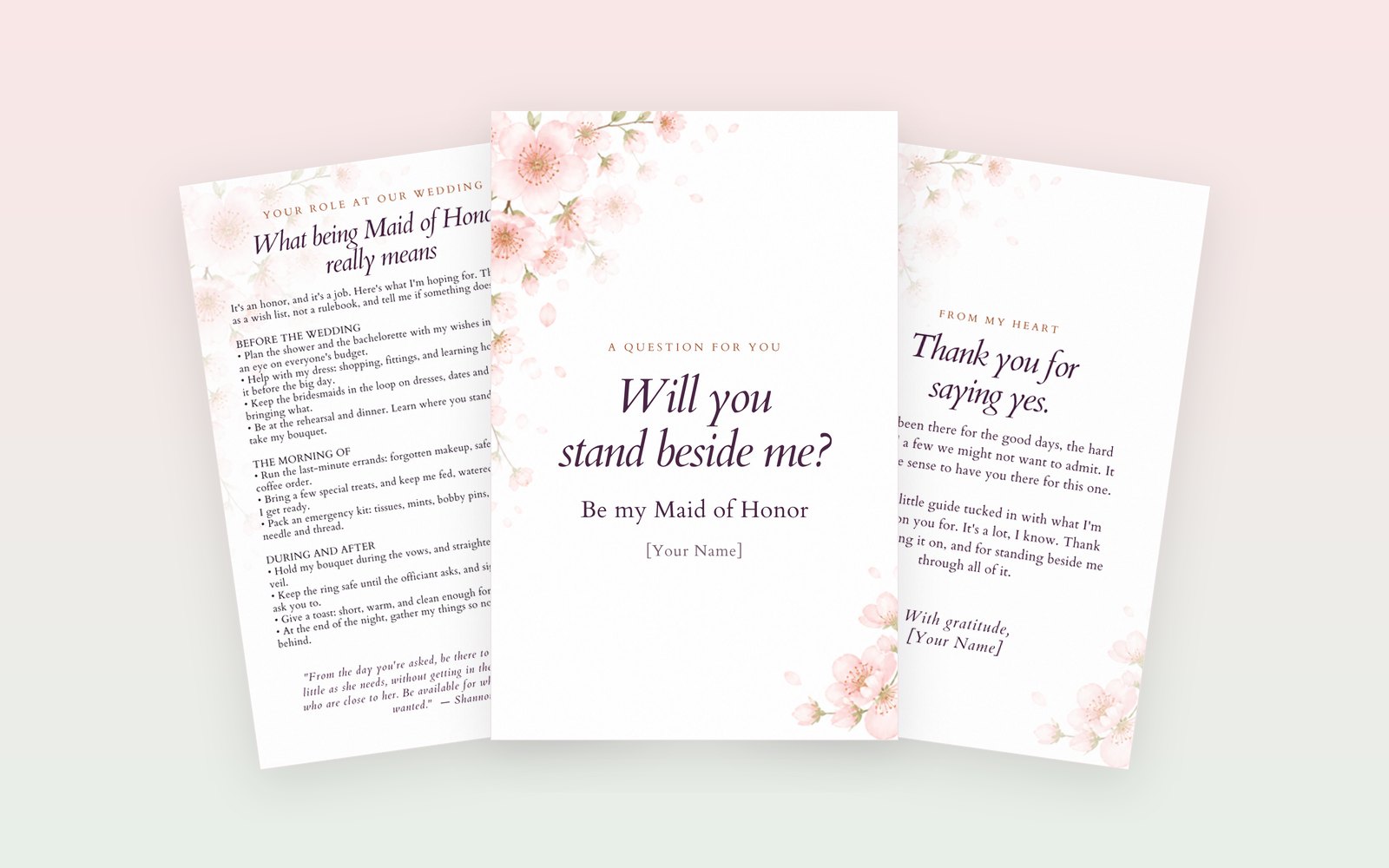 Maid of Honor card set: the Will you stand beside me card, the thank-you note inside, and the What being Maid of Honor really means insert