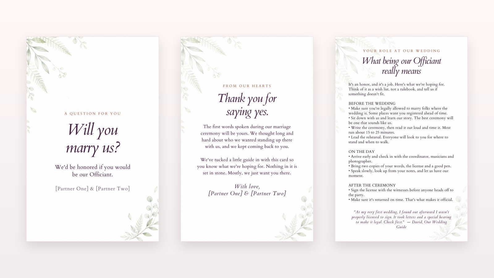 Officiant card set laid flat: the Will you marry us card, the thank-you note, and the What being our Officiant really means guide