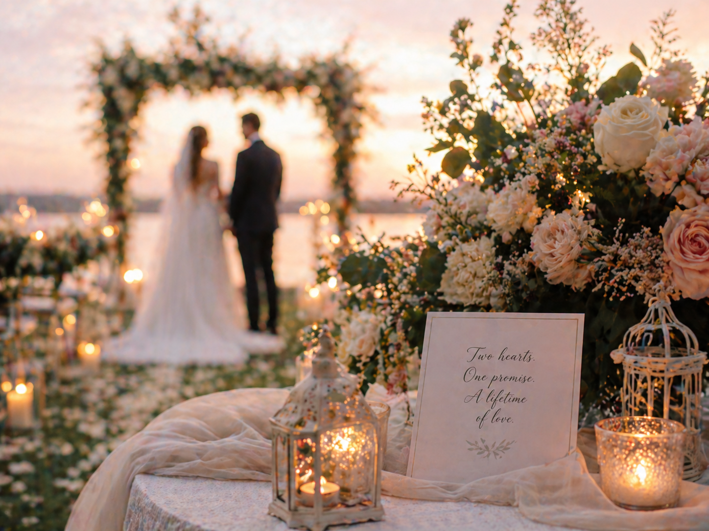romantic wedding ceremony at sunset with candles flowers and couple at altar