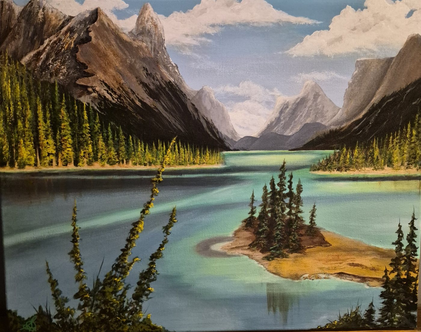 Painting of a turquoise mountain lake with a small island of spruce trees