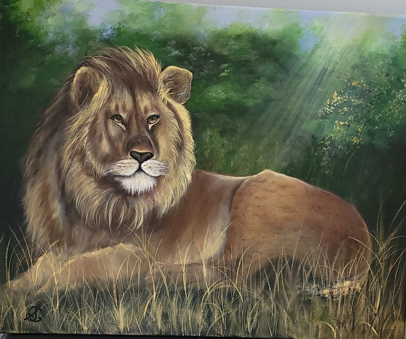 Painting of a lion resting in tall grass with sunlight behind