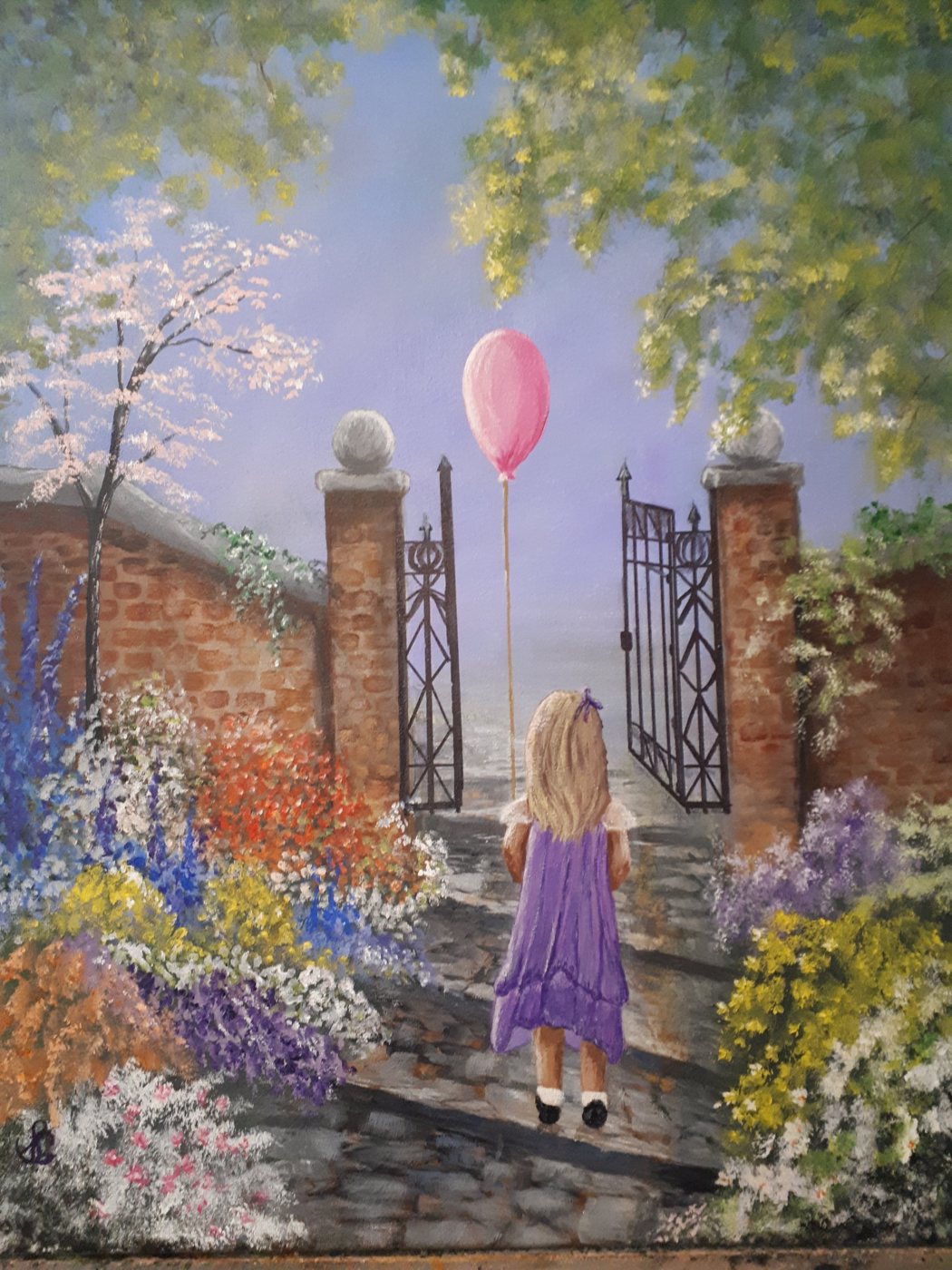Painting of a little girl in a purple dress holding a pink balloon at an open garden gate