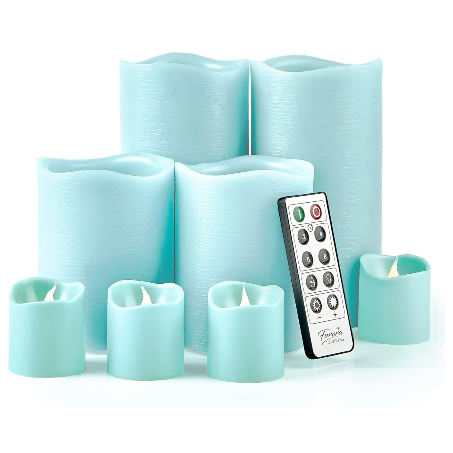 light teal flameless pillar candles