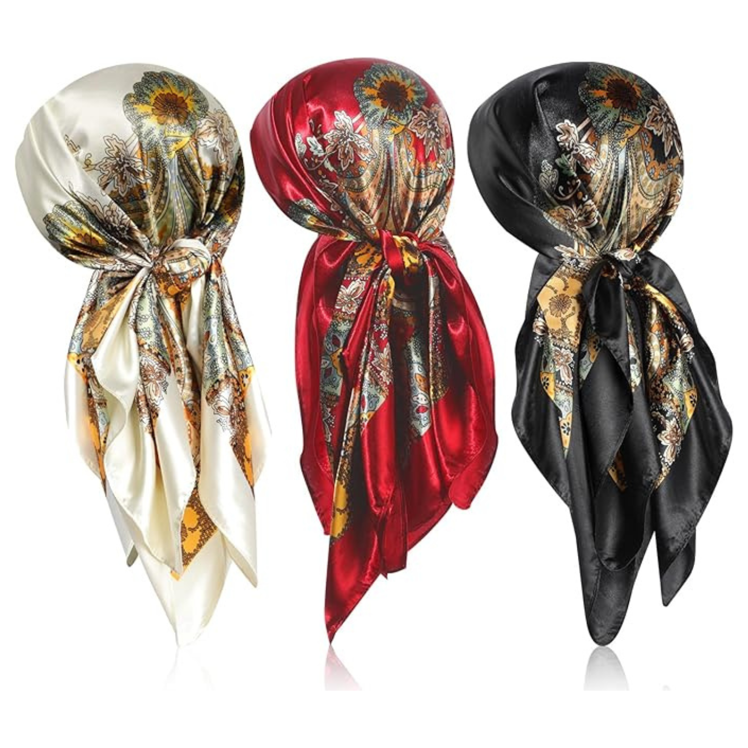 womens silk scarves in cream, black, and red elegant pattern