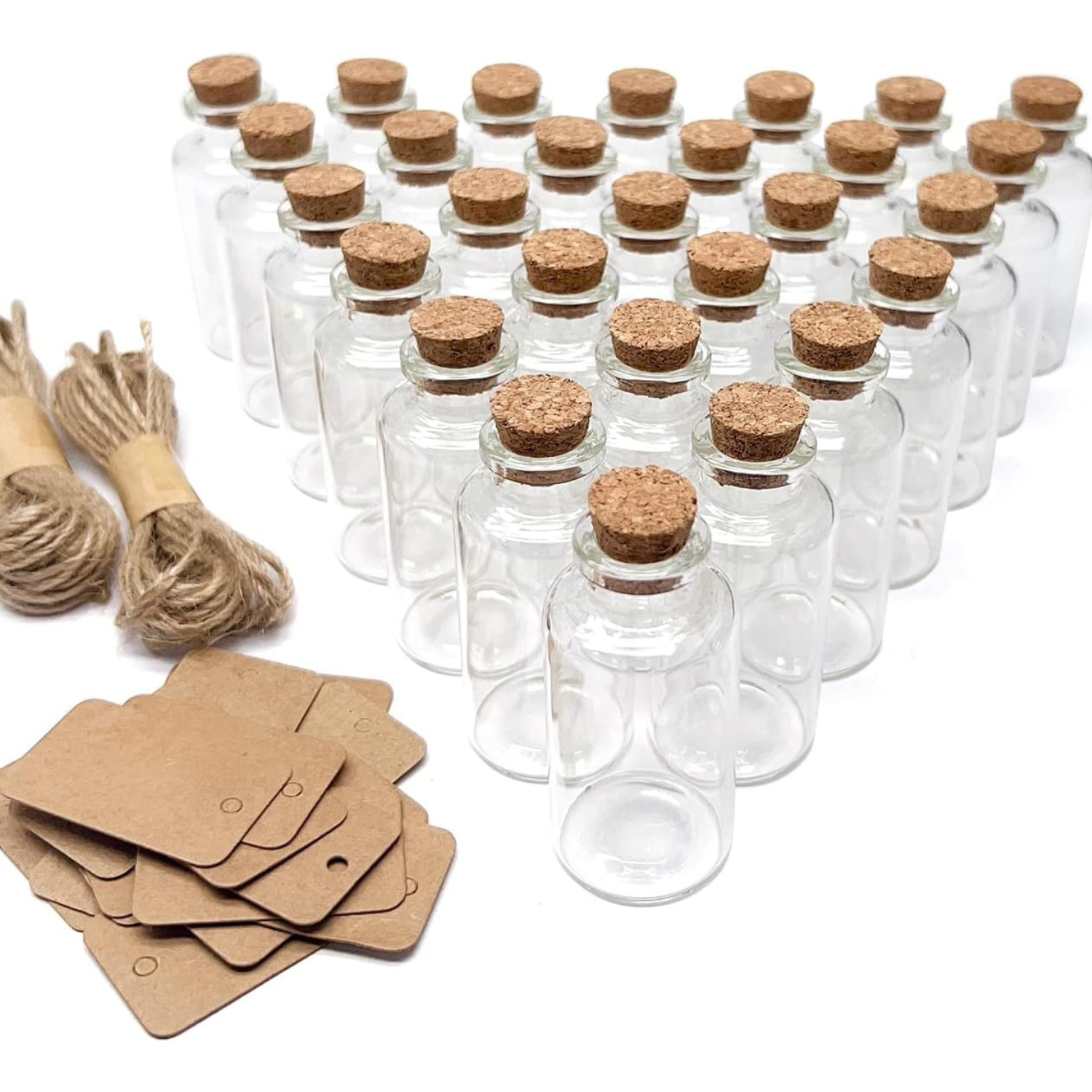 mini glass bottles with corks and paper tags