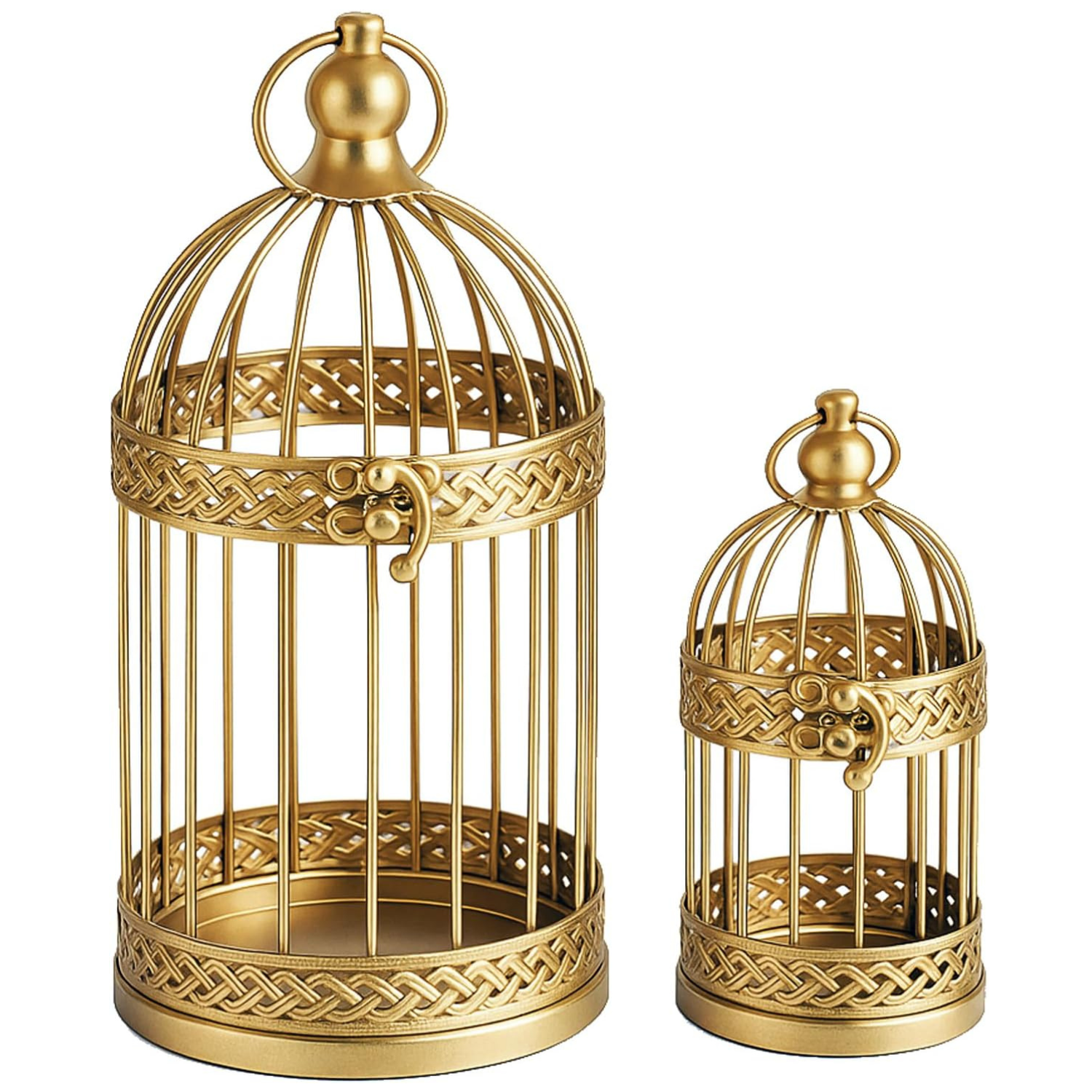 two vintage gold style round table top bird cages