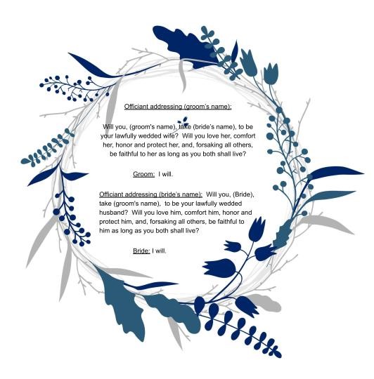 Wedding ceremony declaration of intent wording example showing officiant questions and bride and groom responses