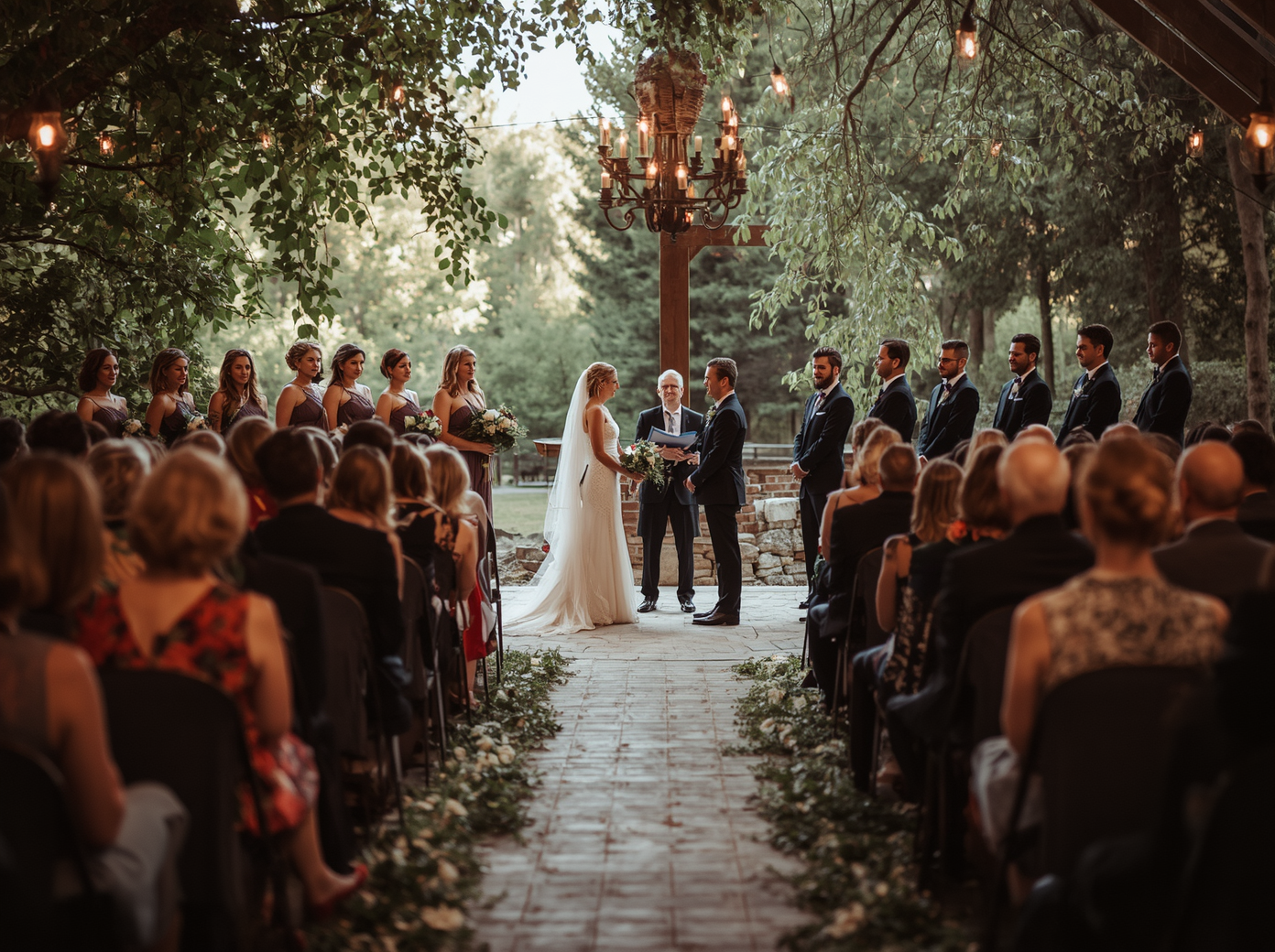 guests seated at wedding ceremony as couple stands with officiant before vows