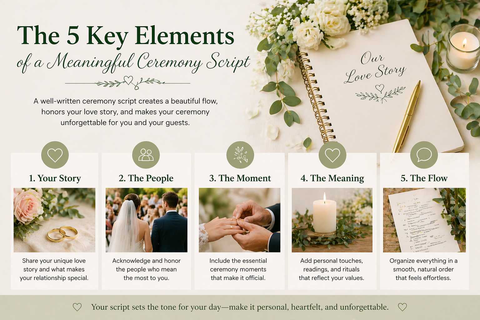 Infographic showing key elements of a wedding ceremony script including story, people, moments, meaning, and flow