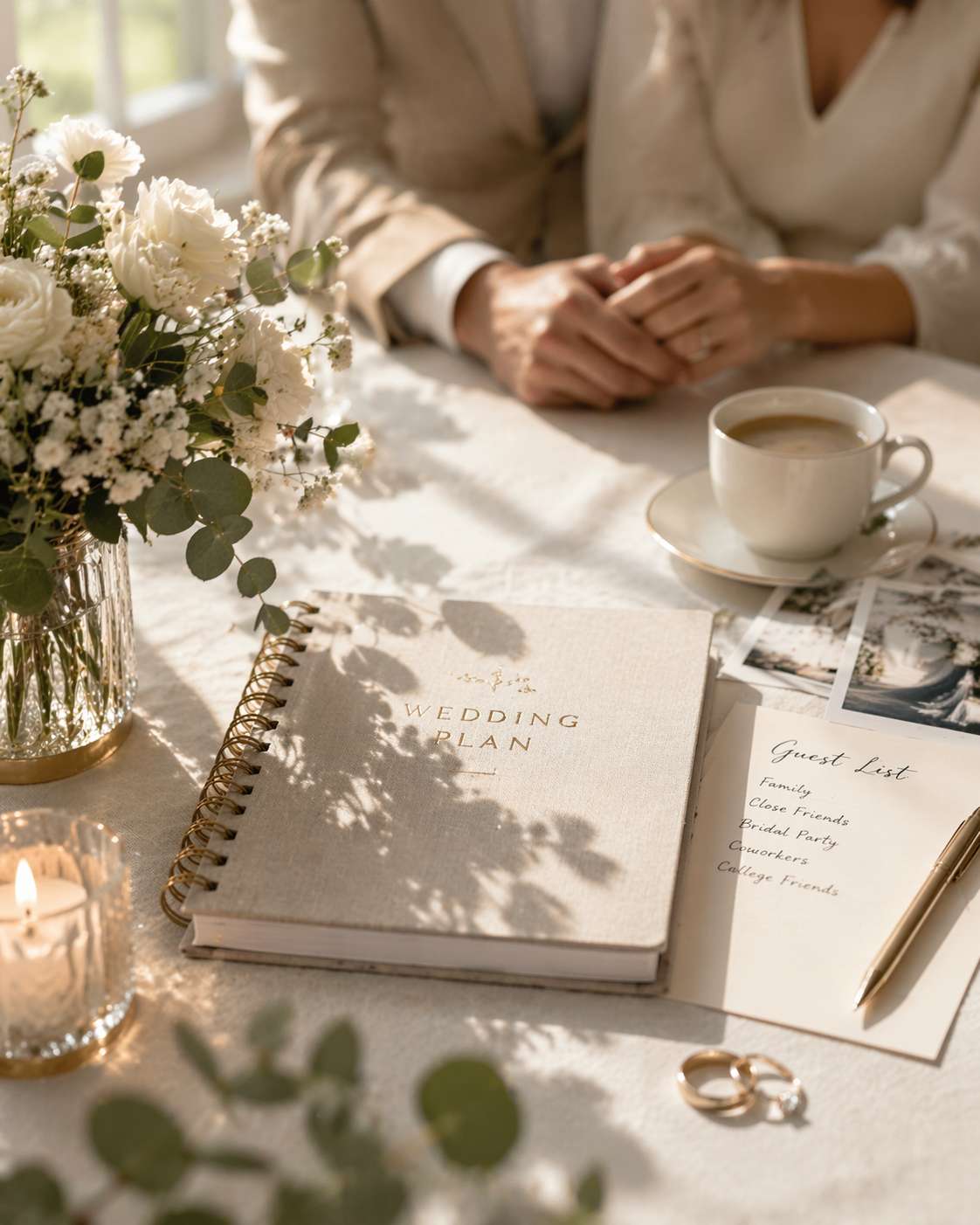 Intimate wedding planning scene with guest list, notebook, and couple reflecting on their guest list decisions