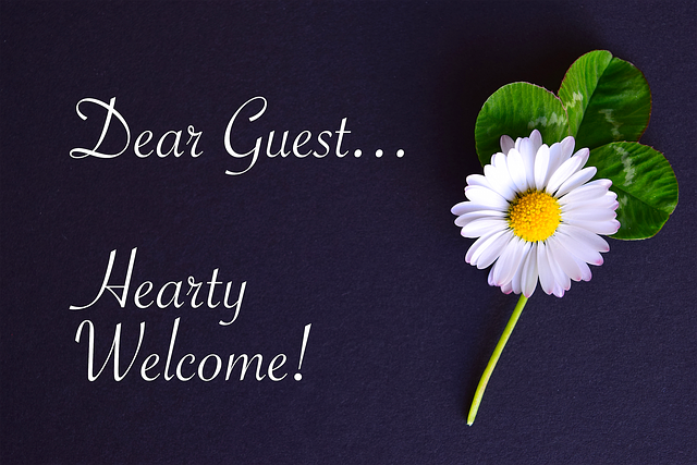 Wedding welcome message with flower design and ‘Dear Guest Hearty Welcome’ text