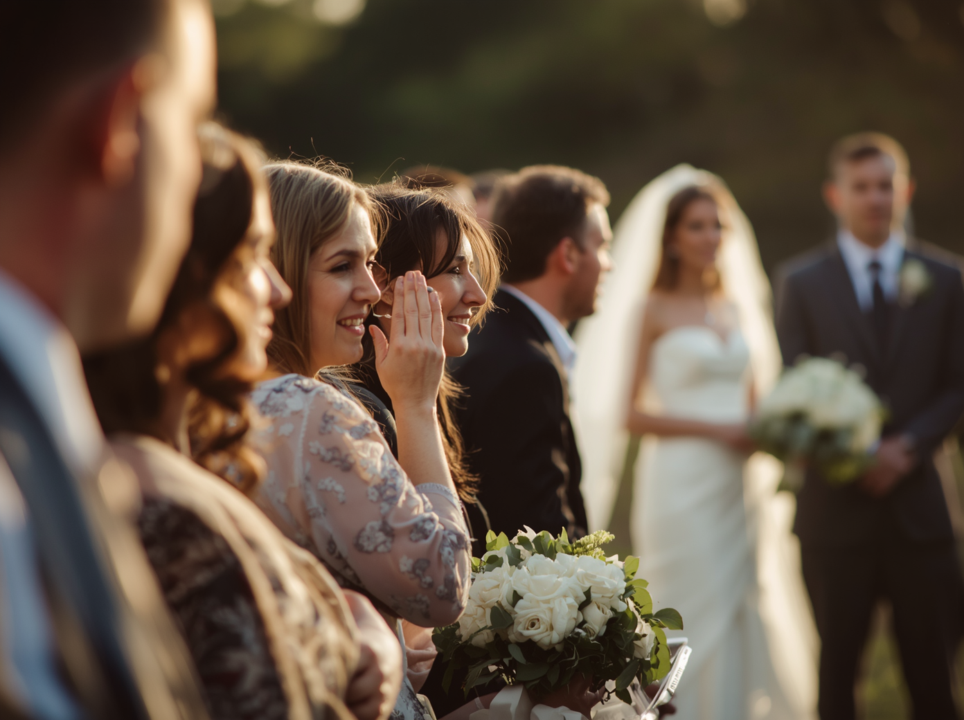 emotional wedding guests reacting during ceremony with bride and groom in background
