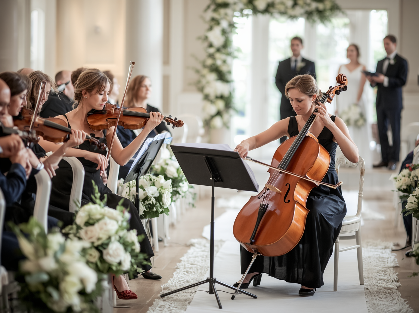 String quartet playing music during a wedding processional ceremony as guests are seated along the aisle String quartet playing music during a wedding processional ceremony as guests are seated along the aisle