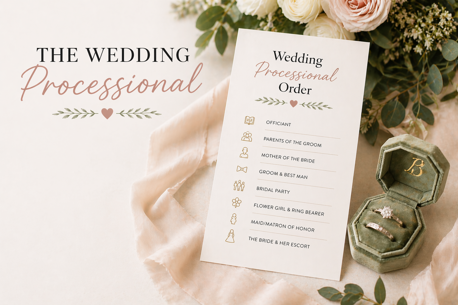 Wedding processional order card with rings and flowers in an elegant flat lay wedding scene Wedding processional order card with rings and flowers in an elegant flat lay wedding scene