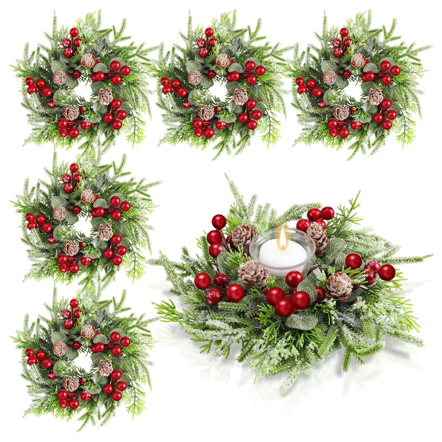 evergreen and red berry mini wreaths candle rings