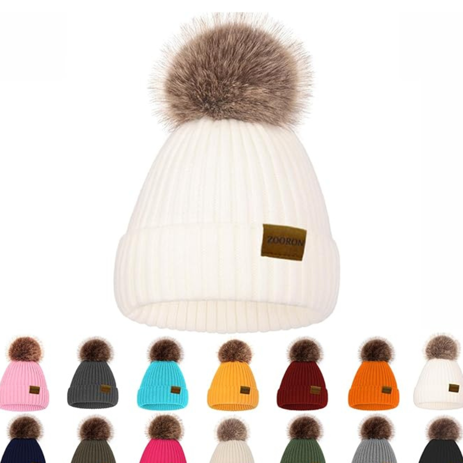 cream knit winter hat with faux fur pompom