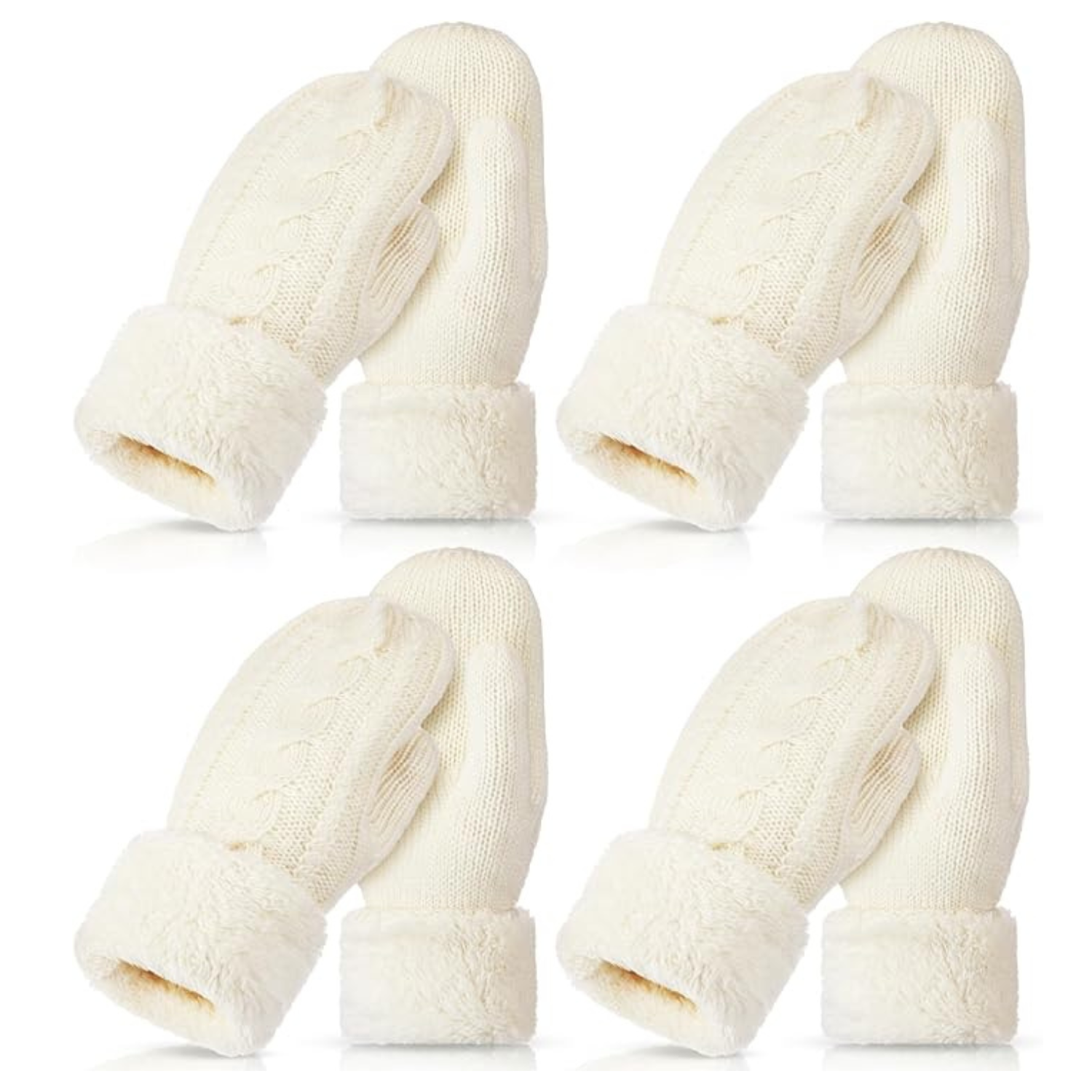 4 pair cream knit fluffy mittens