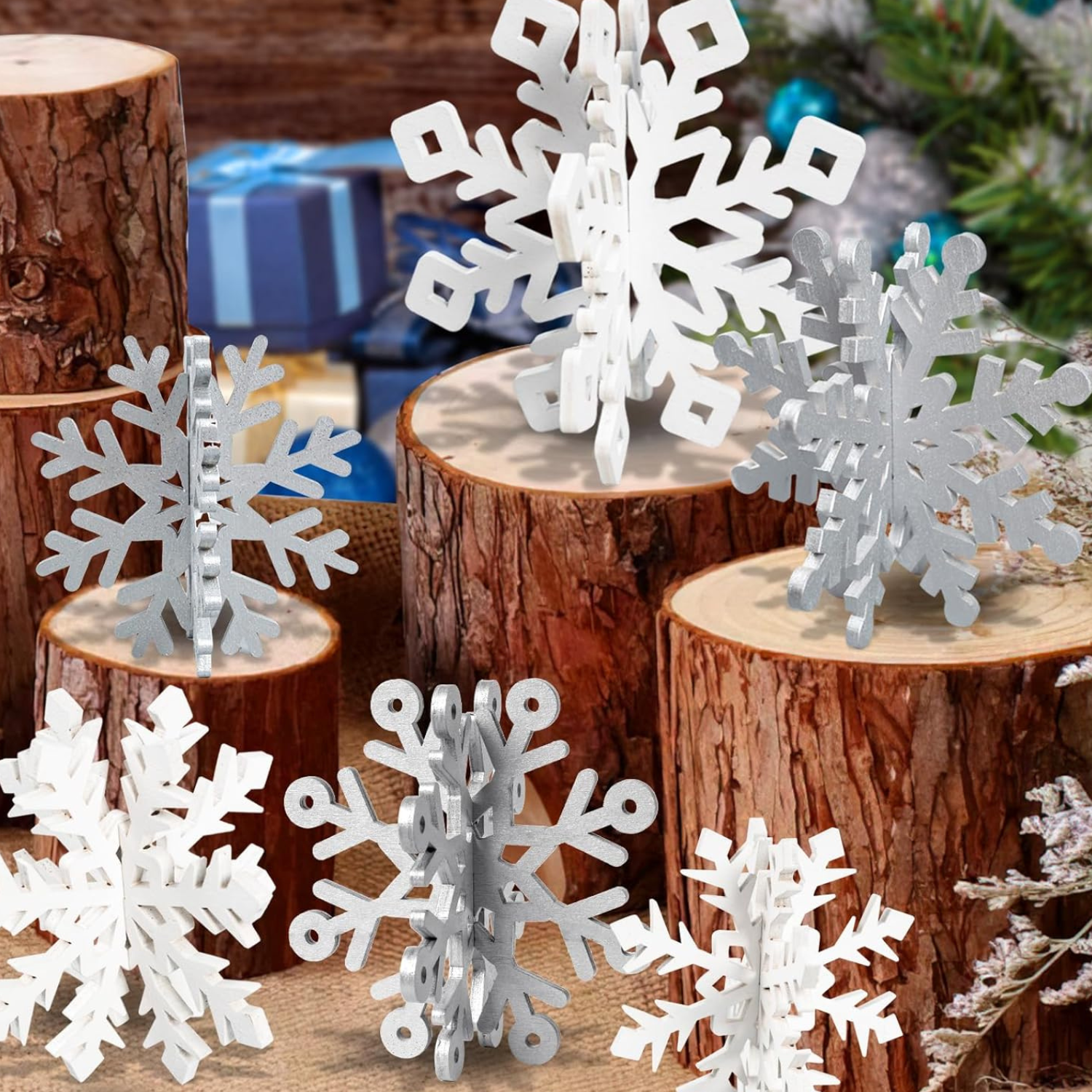 12 pieces 3d wooden silver and white snowflakes