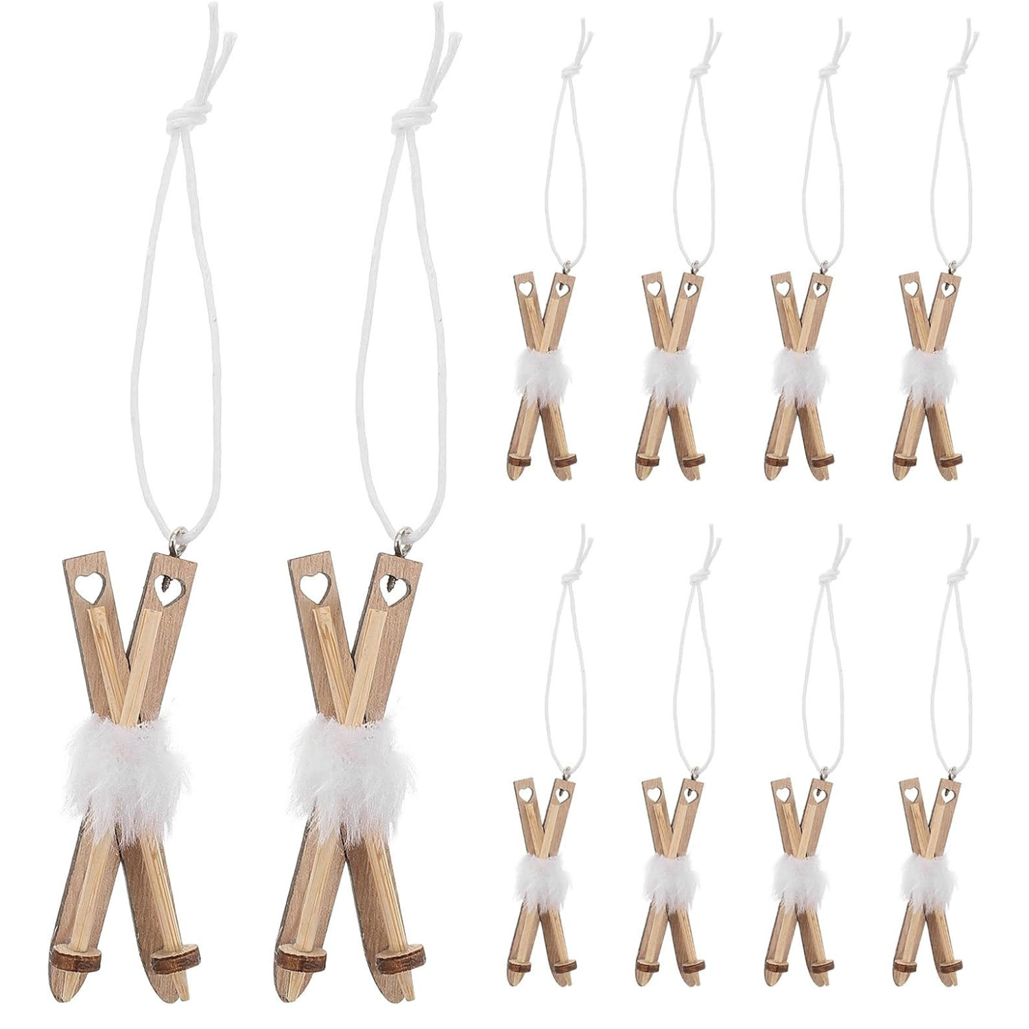 10 pieces wooden skis and poles ornaments with faux white fur trim and tiny heart cutout