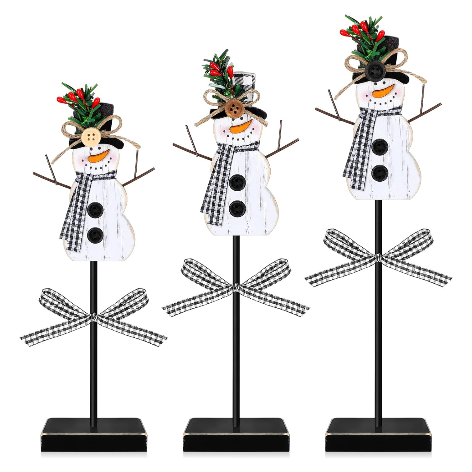 3 piece wooden snowmen on stands varying heights