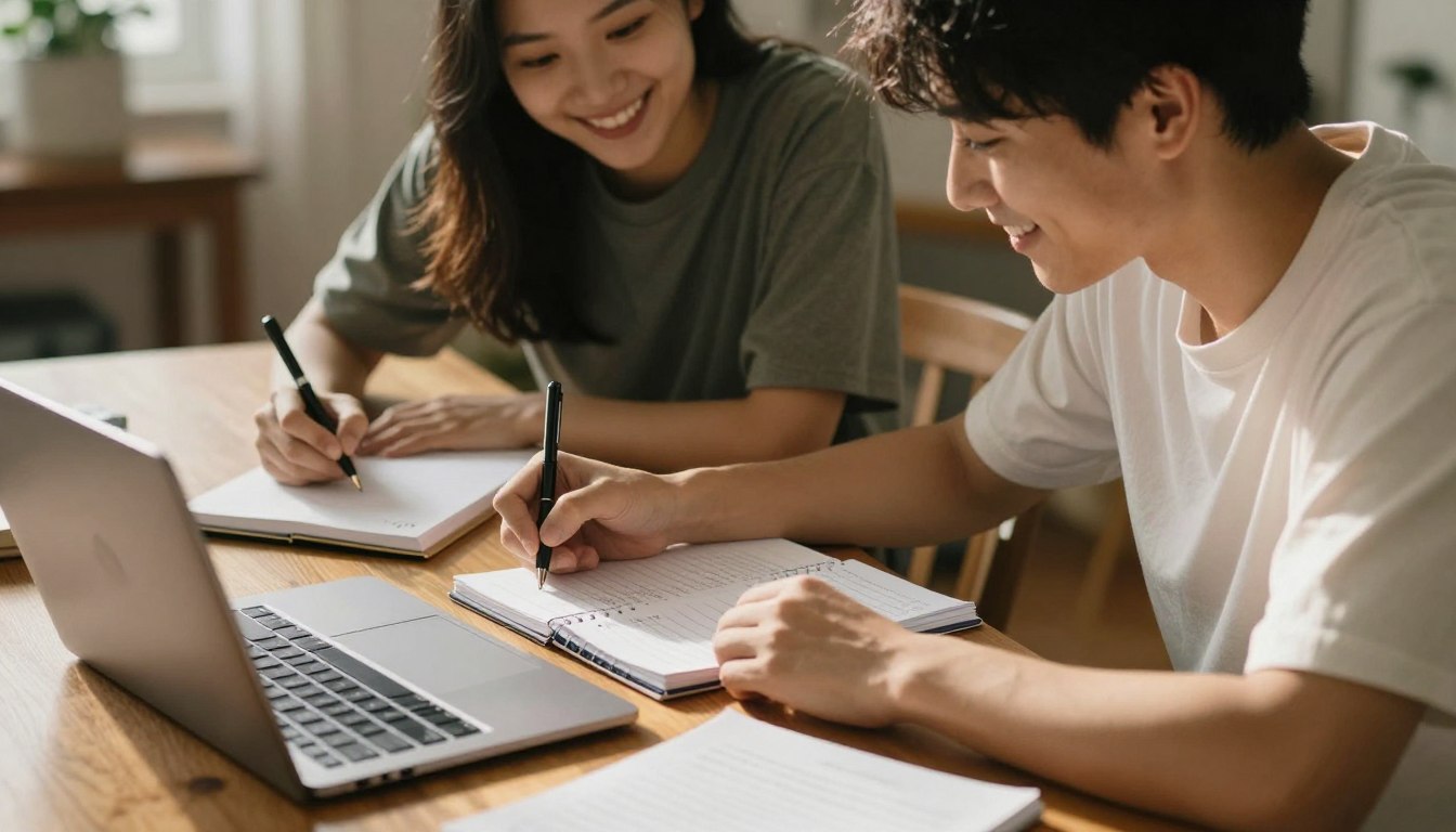 Couple writing and organizing their wedding guest list together using a notebook and laptop
