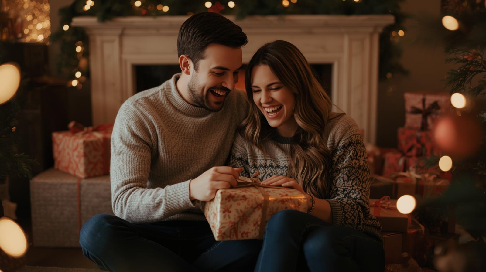 Engaged Couple Opening Christmas Present