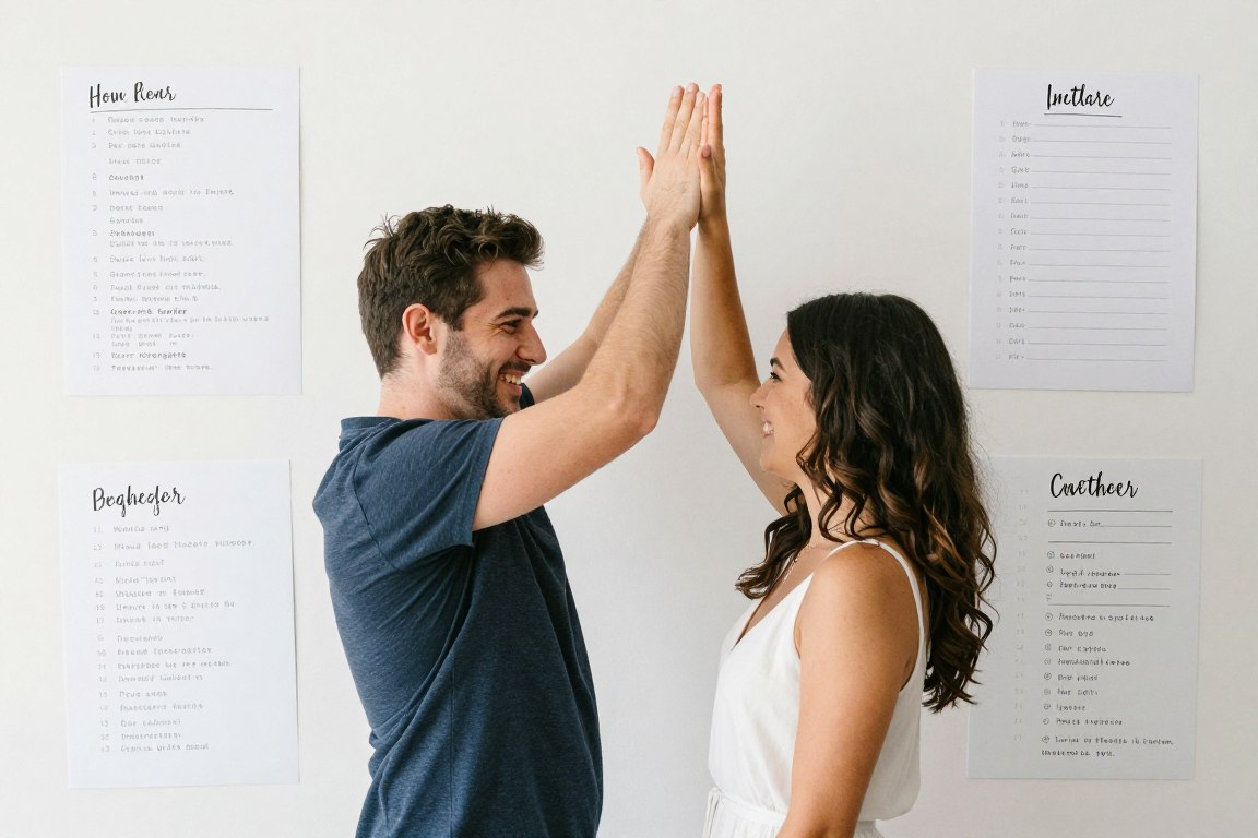 happy couple celebrating wedding planning milestone