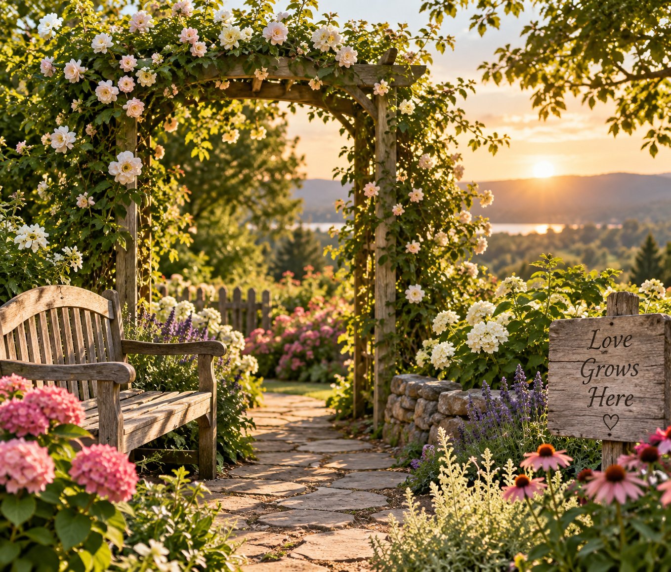 Flower-filled garden with a path, arbor, and Love Grows Here sign
