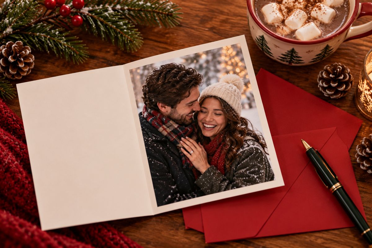 An open Christmas card showing a photo of a smiling engaged couple in the snow, surrounded by red envelopes, pine sprigs and a mug of cocoa