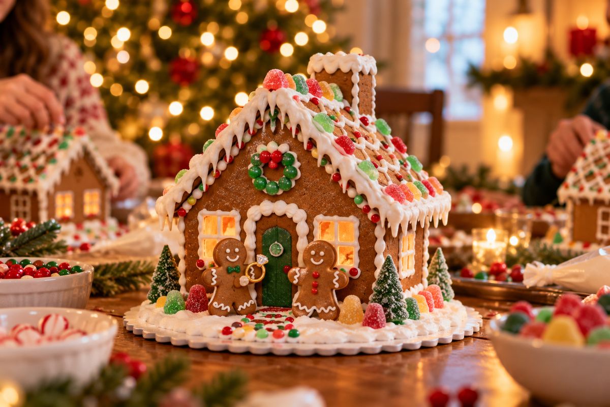 A homemade gingerbread house with two little gingerbread people at the front door, one holding a candy engagement ring